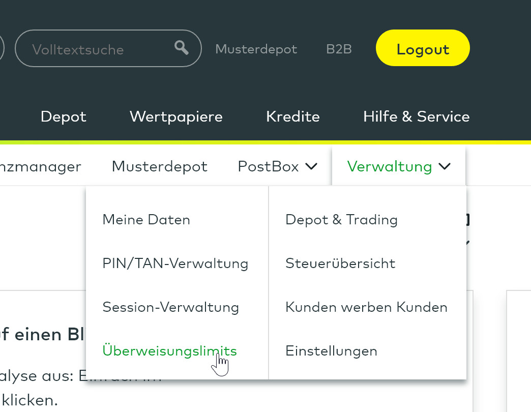 Ein Überweisungslimit können Sie oft direkt über die Internetseite Ihrer Bank einrichten. Ein Überweisungslimit können Sie oft direkt über die Internetseite Ihrer Bank einrichten.