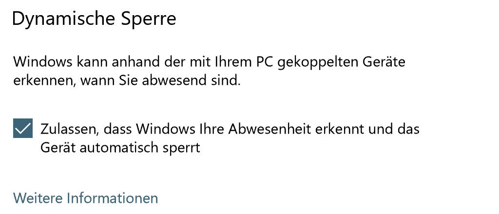 Mit aktivierter „dynamischer Sperre“ melden Sie sich automatisch von Windows 10 ab, sobald Sie den Raum verlassen. Mit aktivierter „dynamischer Sperre“ melden Sie sich automatisch von Windows 10 ab, sobald Sie den Raum verlassen.