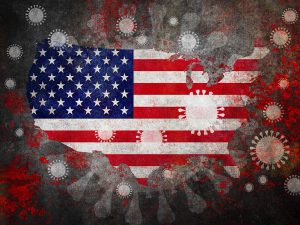 Illustration of the COVID-19 pandemic in the USA: map with flag