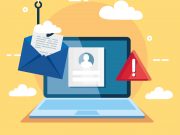 Data phishing hacking online scam illustration, with laptop and envelope hook.