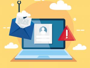 Data phishing hacking online scam illustration, with laptop and envelope hook.