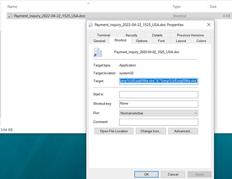 Figure 11 - Emotet fake document that is actually an LNK, detected as LNK/Runner.VPFG Figure 11 - Emotet fake document that is actually an LNK, detected as LNK/Runner.VPFG