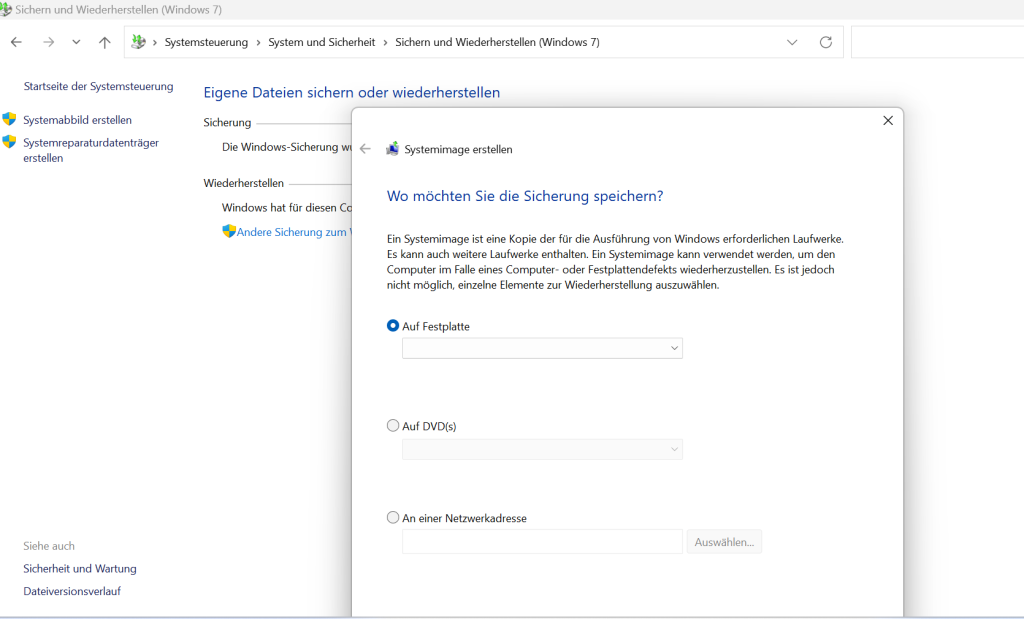 Ein Backup der Festplatte erfolgt über „Systemabbild erstellen“