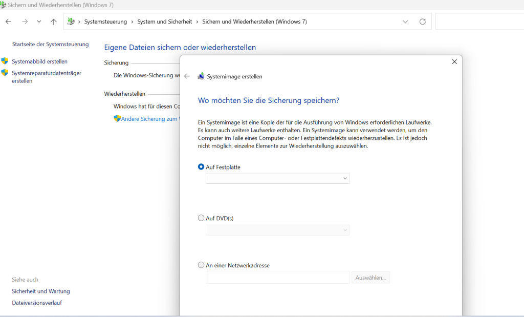 Ein Backup der Festplatte erfolgt über „Systemabbild erstellen“ 