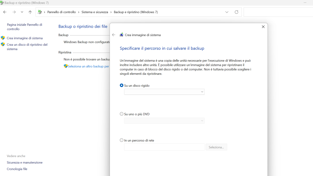 Esegui un backup del disco rigido utilizzando Crea un'immagine del sistema