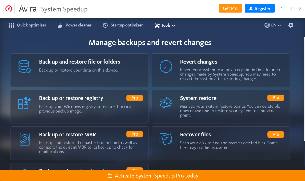 Avira System Speedup creates a backup