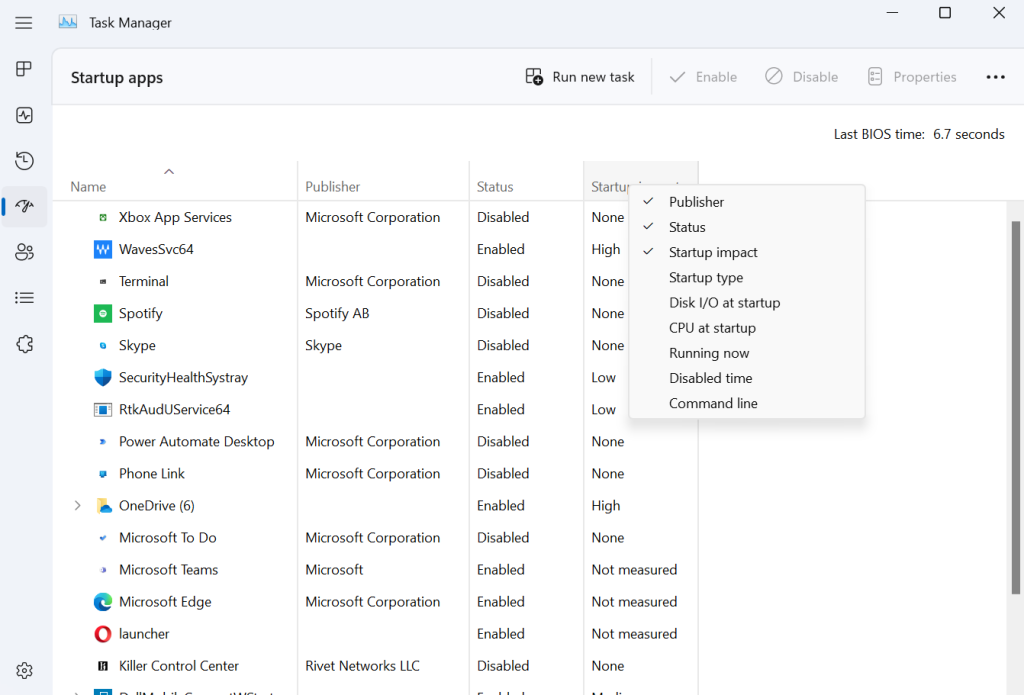 Customize which information you want to see under Startup