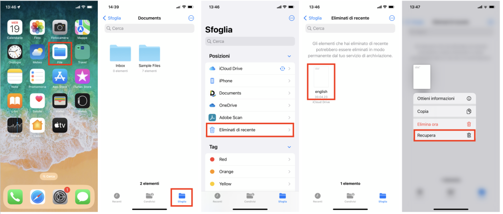 Cartella Eliminati di recente di iOS