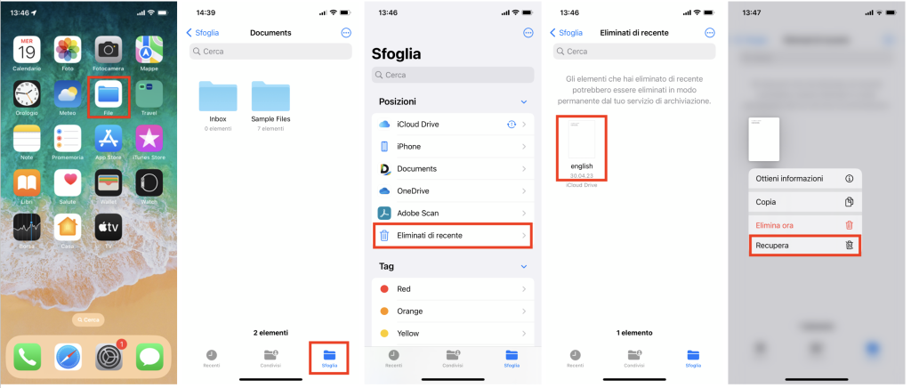 Cartella Eliminati di recente di iOS 