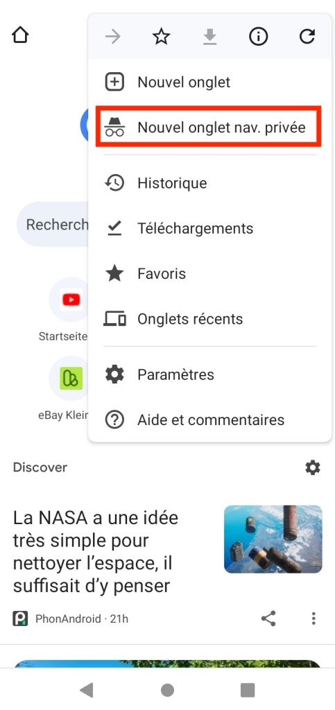 Lancement du mode de navigation privée dans l’application Chrome