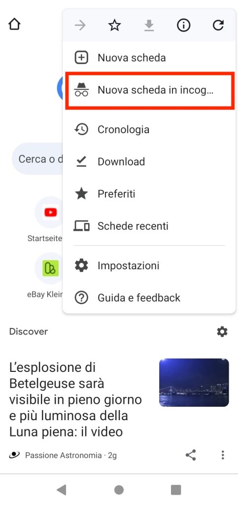 Avvio della modalità in incognito nell’app Chrome