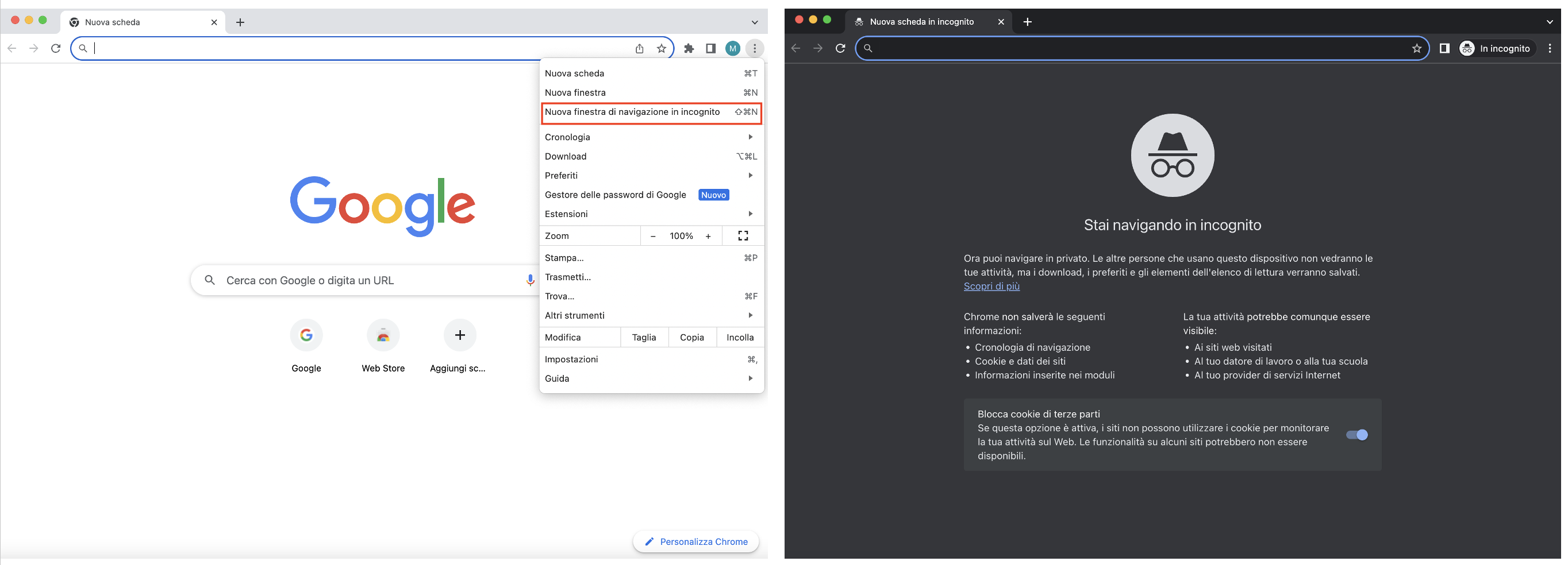 Modalità in incognito in Chrome