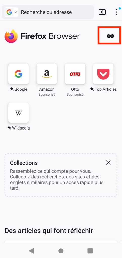 Lancement du mode de navigation privée dans l’application Firefox