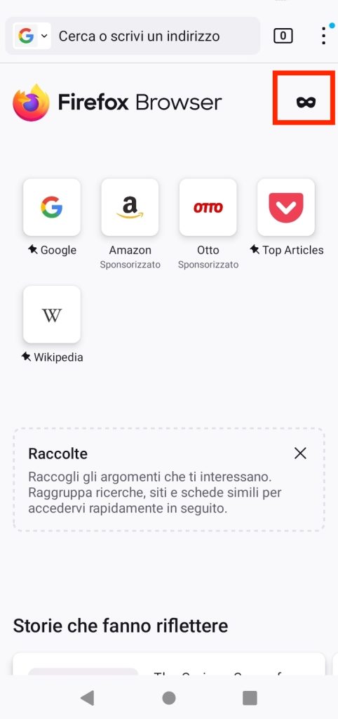 Avvio della modalità in incognito nell’app Firefox