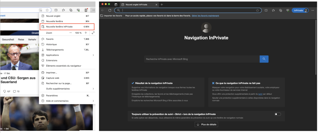 Lancement du mode de navigation privée dans Microsoft Edge