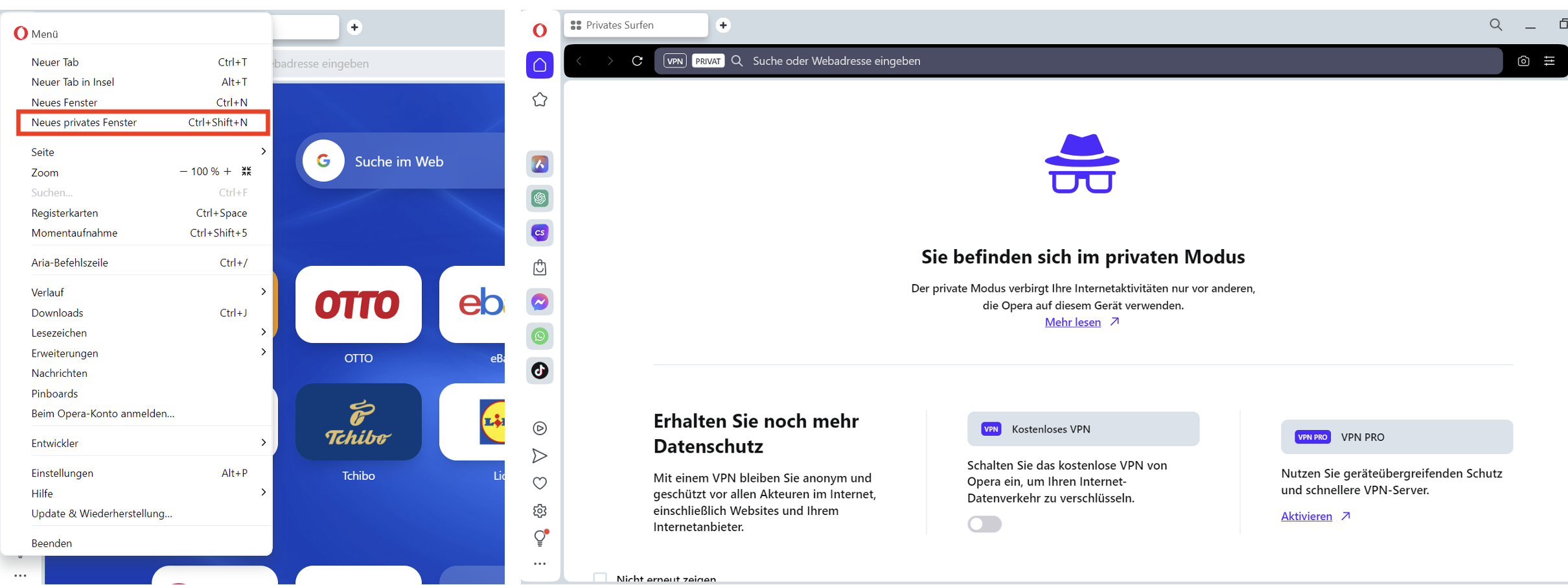 Opera Browser Inkognito Modus