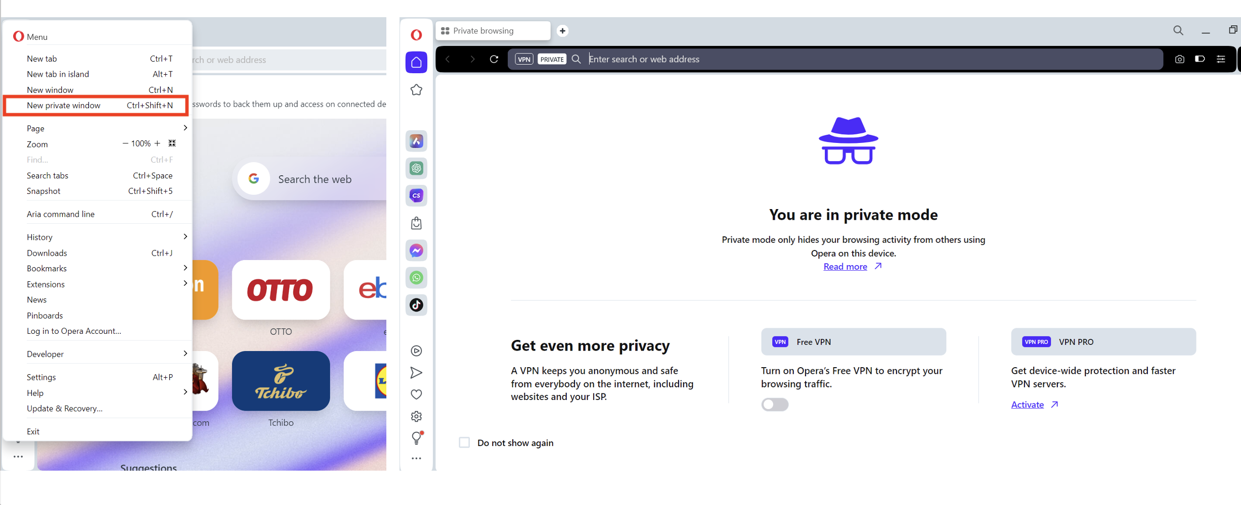 Opera browser private browsing mode