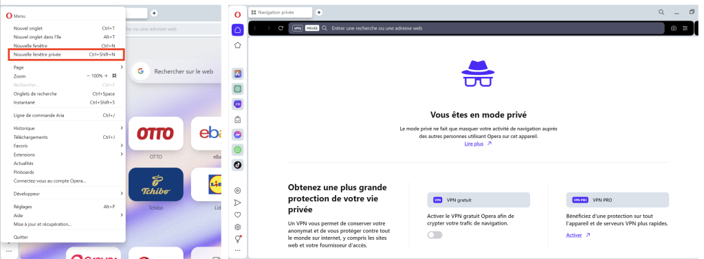 Mode de navigation privée du navigateur Opera