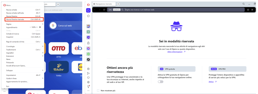 Modalità di navigazione privata del browser Opera