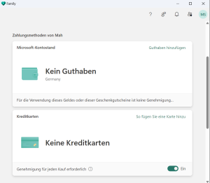 Ansicht auf das Kinder-Microsoft-Konto, in dem die Ausgaben eingeschränkt werden