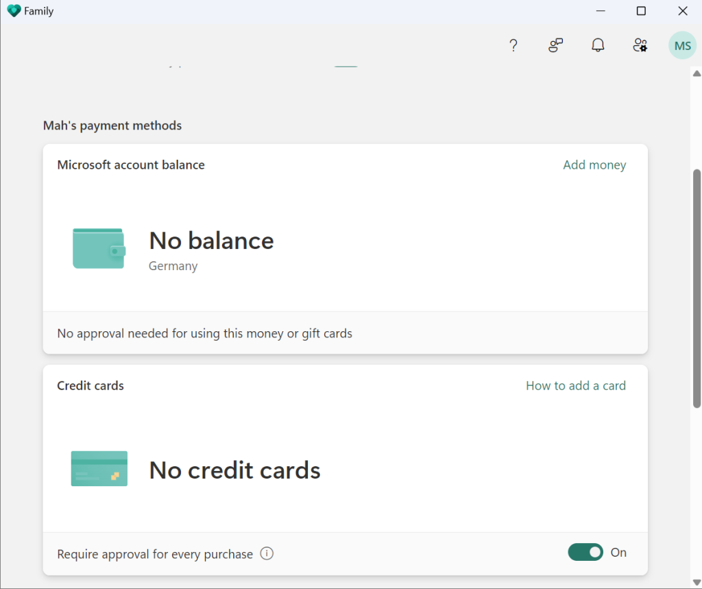 View of the child’s Microsoft account where spending is restricted