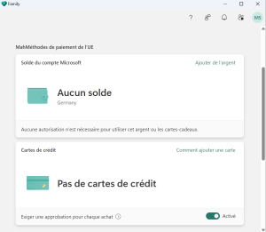 Vue du compte Microsoft de l’enfant, pour lequel les dépenses sont limitées