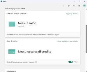 Vista dell’account Microsoft del ragazzo in cui gli acquisti sono limitati