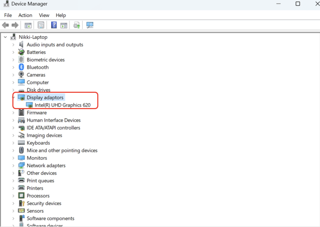 L’image montre l’option Adaptateurs d’affichage en surbrillance dans le menu comme suit : Intel UHD Graphics 620. 