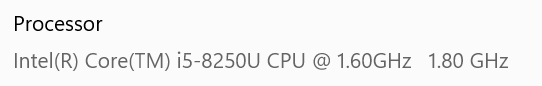 Le processeur de cet ordinateur portable est affiché comme suit : Intel Core i5-8250U CPU @ 1,60 GHz 1,80 GHz