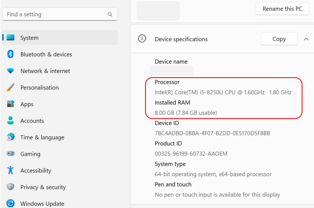 Une nouvelle fenêtre des caractéristiques de l’appareil s’ouvre. Les informations suivantes sont surlignées : Processeur (Intel Core i5-8250U CPU @ 1,60 GHz 1,80 GHz) et RAM (8,00 Go/7,84 Go utilisable).