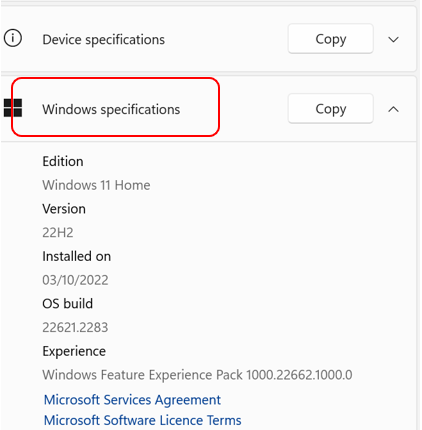 The Windows specifications option is highlighted and shows that this laptop is running Windows 11 Home edition. Other information displayed: Version, OS build, and when it was installed.