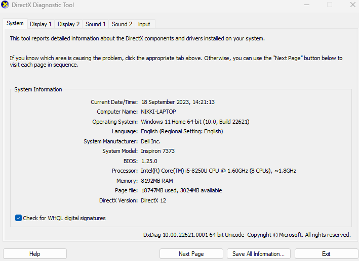 La fenêtre de l’Outil de diagnostic DirectX s’affiche et vous pouvez voir le système d’exploitation (Windows 11 Home), le fabricant (Dell Inc.), le modèle (Inspiron 7373), ainsi que le processeur et la mémoire.