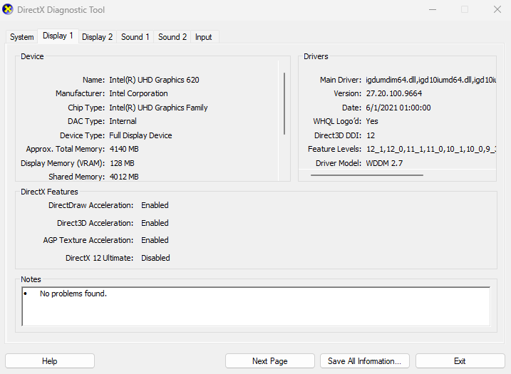 La fenêtre de l’Outil de diagnostic DirectX avec l’onglet Affichage 1 est ouverte. Cet ordinateur portable est équipé de la carte graphique Intel UHD Graphics 620.