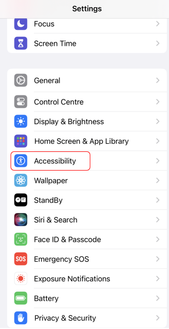 The Settings options. “Accessibility” appears mid-way. 