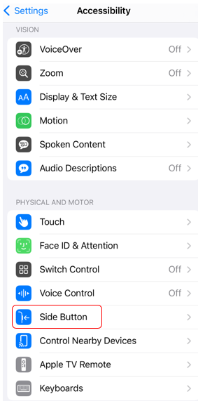 Within the Accessibility window,” Side Button” appears under Physical and Motor.