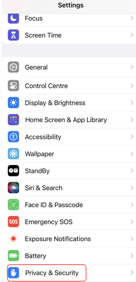 The Settings options. “Privacy & Security” appears down below.