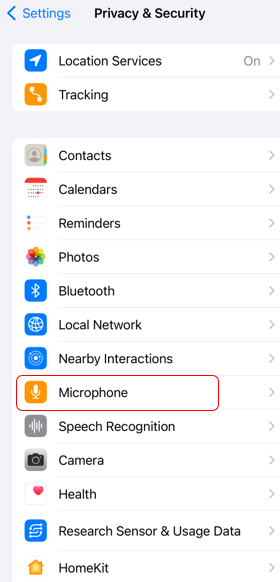 The list of options, including “Microphone” within the Privacy & Security window.