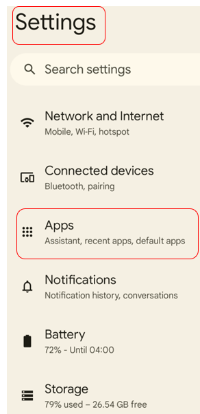 The menu within the Settings app of a Google Pixel phone. “Apps” appears mid-way.