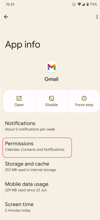 The Gmail app has been selected to reveal a list of options. “Permissions” is highlighted.