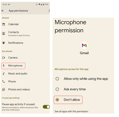 Within the App permissions setting for the Gmail app, “microphone” has been clicked on to reveal three options: “Don’t allow” has been chosen.