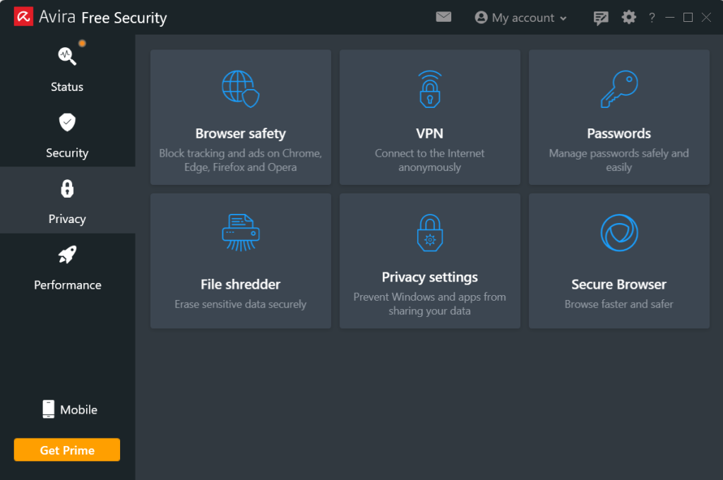 The smart window within Avira Free Security displaying the privacy tools, including VPN.