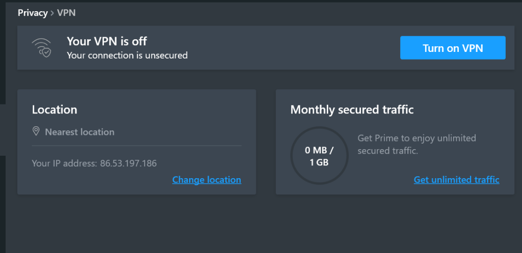 The VPN interface is open and “Turn on VPN” is visible as a blue button. The ”Change location” option appears within a box underneath.