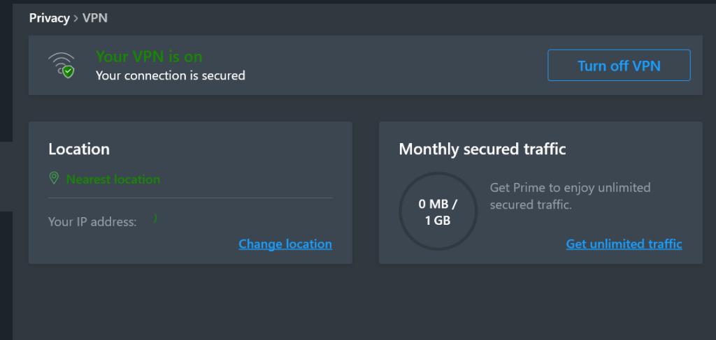 Within the smart window, “Your VPN is on” clearly appears in green next to the “Turn off VPN” button.