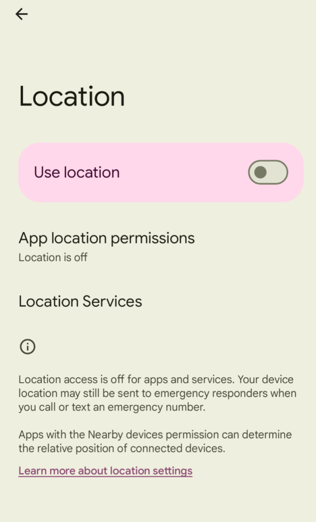 The Locations window within Android settings. The “Use location” button is set to “off”. Additional information about location settings appears below. 