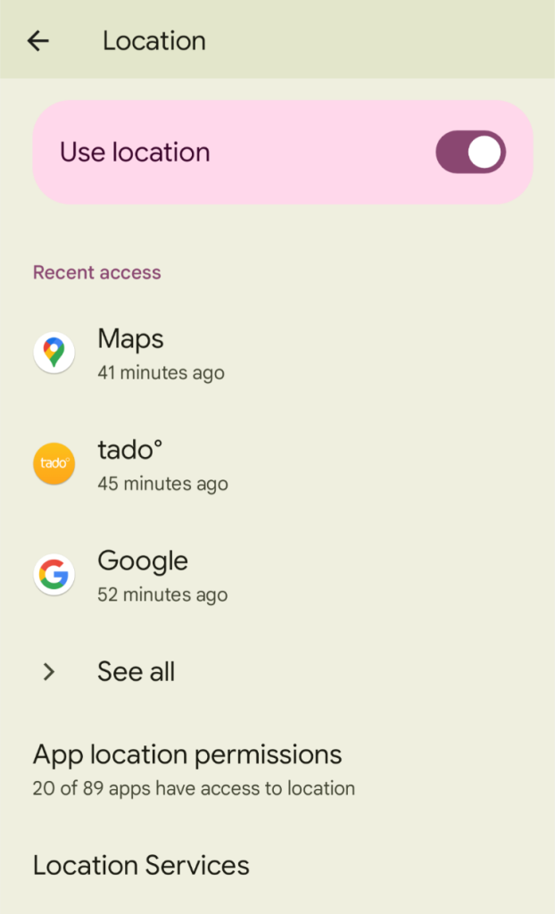 Location options within the Android Settings menu. The “Use location” toggle is set to “on”, and apps that recently accessed your location are listed. 