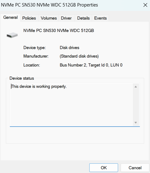 The drive property window, including device type.