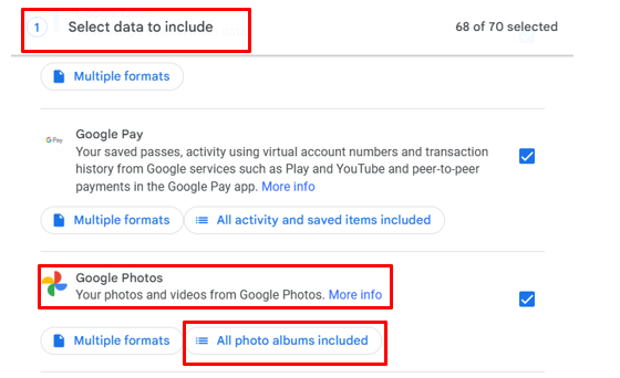 Le menu « Sélectionner les données à télécharger » est ouvert pour afficher l’option Google Photos.