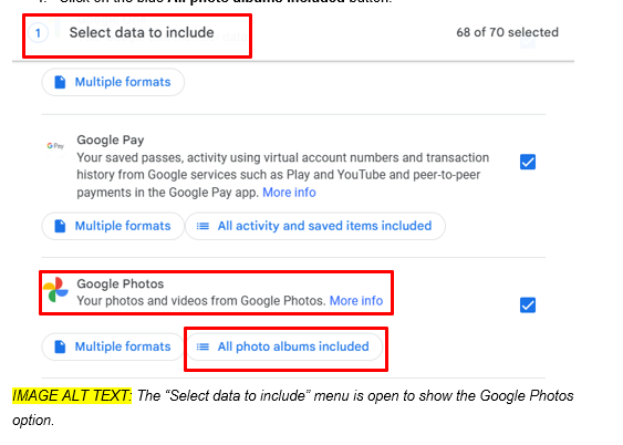 The “Select data to include” menu is open to show the Google Photos option.