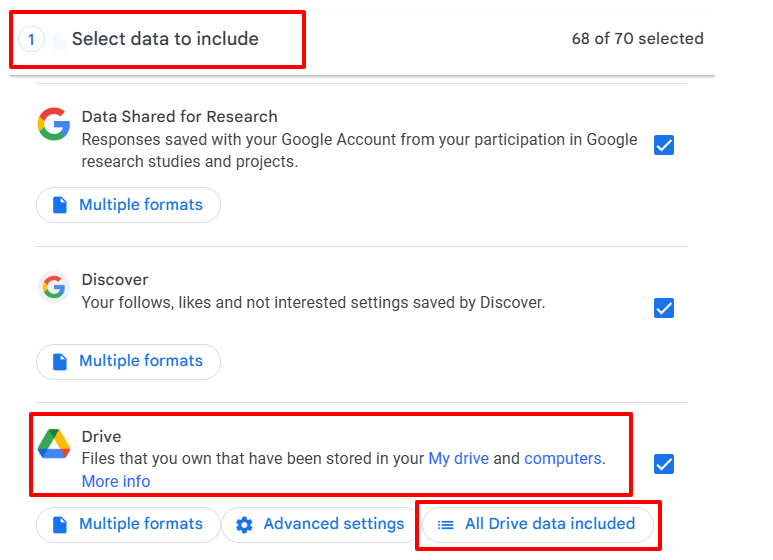 Le menu « Sélectionner les données à télécharger » est ouvert pour afficher l’option Google Drive.
