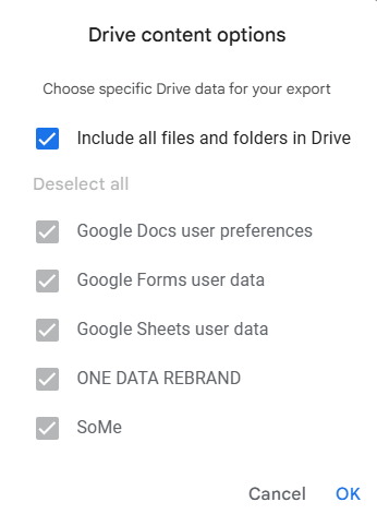 Le « menu Option de contenu de Google Drive » est ouvert. L’option « Inclure tous les fichiers et dossiers dans Drive » est cochée.